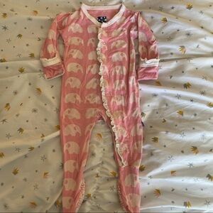 KICKEE PANTS One piece sleeper with hand covers and snaps, ruffles, elephants